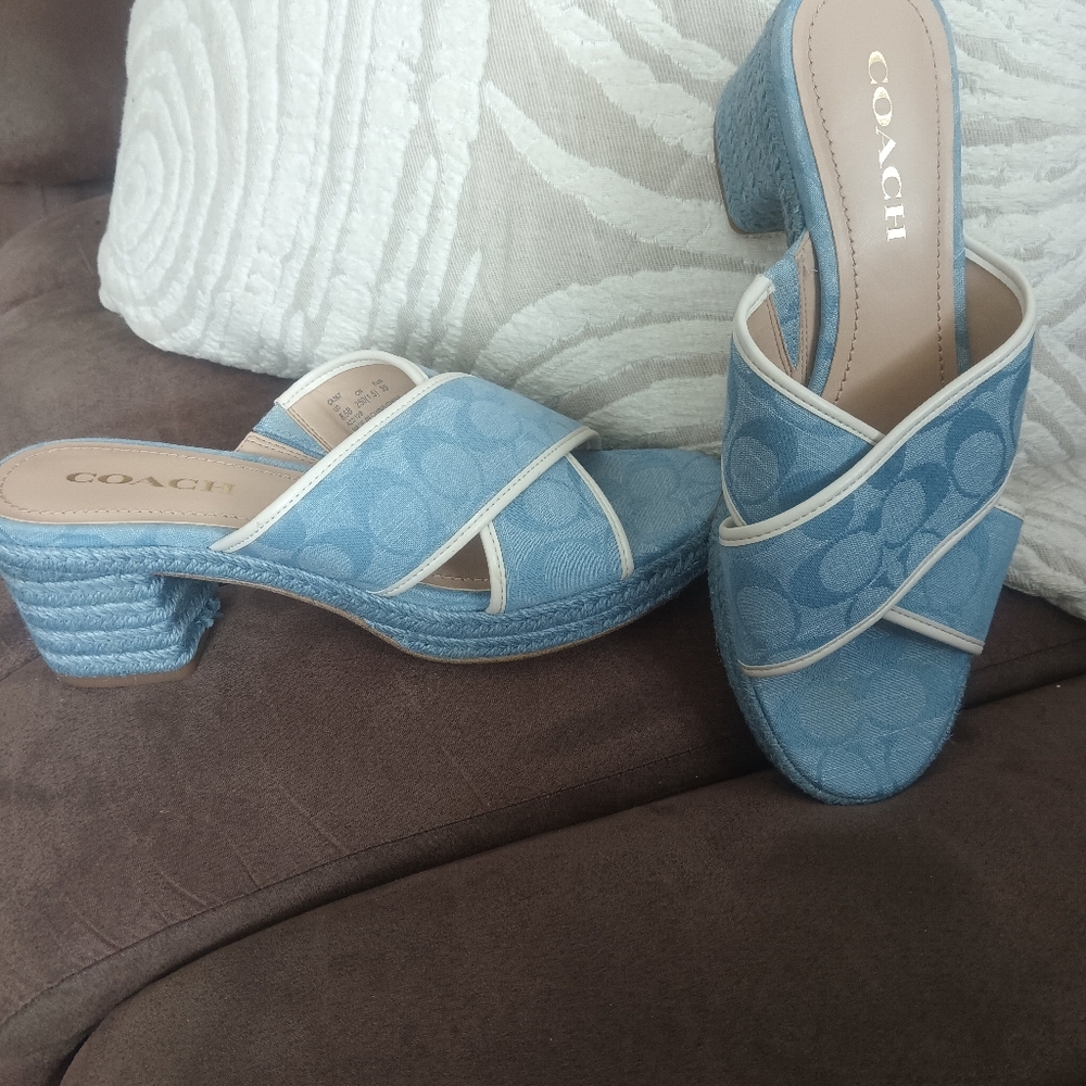 COACH Light Blue Denim Signature Crossover Mules
